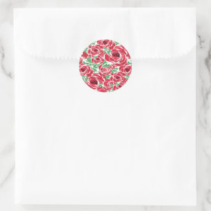 Sticker Rond Elégant Motif Rose Vintage - Rouge & Vert Floral
