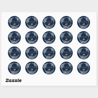 Sticker Rond Elegant Navy and Gold Floral Wedding Envelope Seal