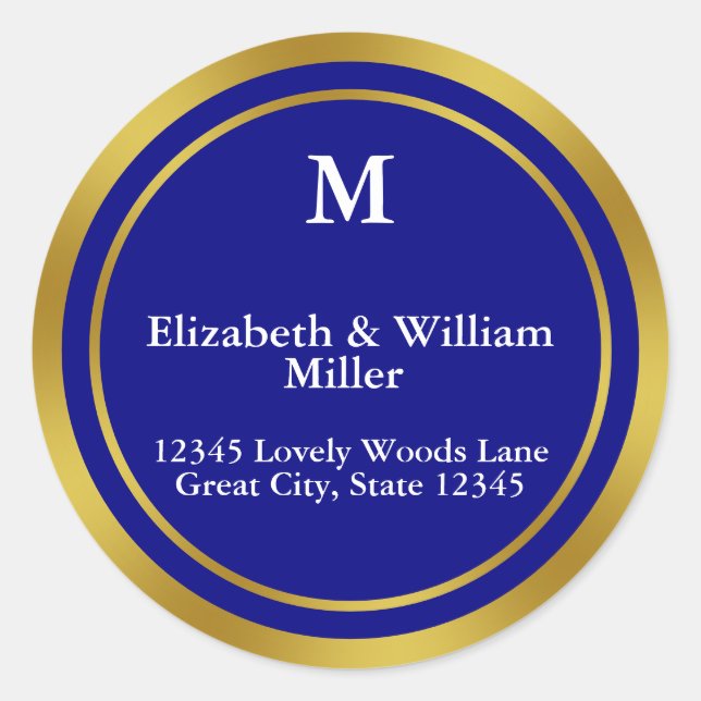 Sticker Rond Elegant Navy Blue et Gold Monogram Adresse (Devant)