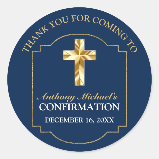 Sticker Rond Elegant Navy Blue Gold Boys Confirmation Cadeau Ta (Devant)