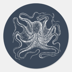 Sticker Rond Elegant Navy Blue Octopus