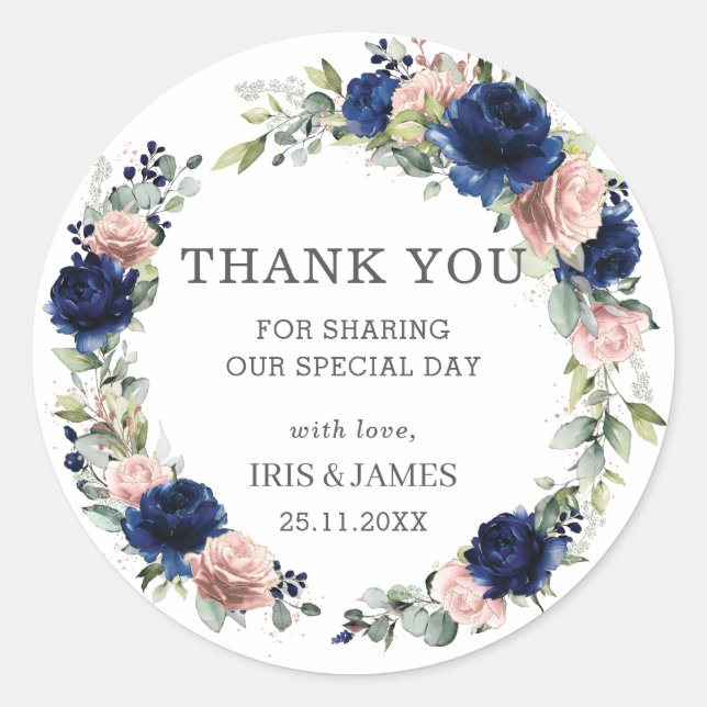 Sticker Rond Elegant Navy Blue Rose Gold Floral Wedding Favor (Devant)