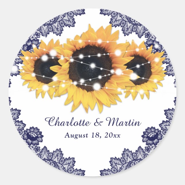 Sticker Rond Elegant Navy Blue Rustic Chic Sunflower Wedding (Devant)