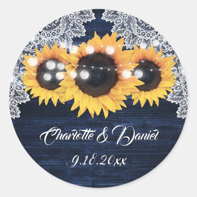 Sticker Rond Elegant Navy Blue Wood Lace Sunflower Wedding (Devant)