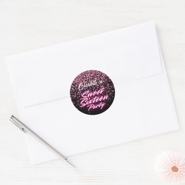 Sticker Rond Elégant néon rose noir rétro doux 16e anniversaire (Enveloppe)