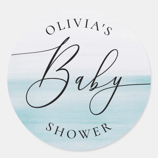 Sticker Rond Elegant Neutral Baby Shower | Soft Blue Watercolor (Devant)