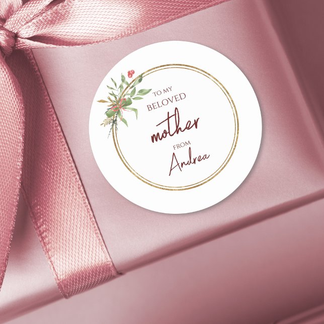 Sticker Rond Élégant Noël Bien-aimée Mère Or et Vert (Créateur téléchargé)