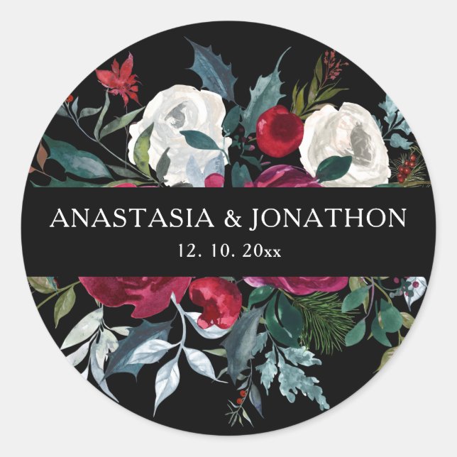 Sticker Rond Élégant Noël Floral Rose Mariage de vacances (Devant)