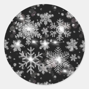 Sticker Rond Élégant Noël noir blanc argent flocons de neige
