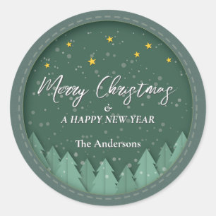 Sticker Rond Élégant Noël Papercut de forêt de verts persistant