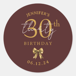 Sticker Rond Élégant Nœud Papillon Coquette Or 30e Anniversaire