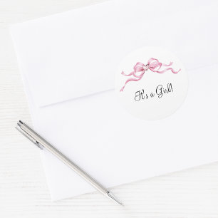 Sticker Rond Élégant Nœud Rose Baby Shower