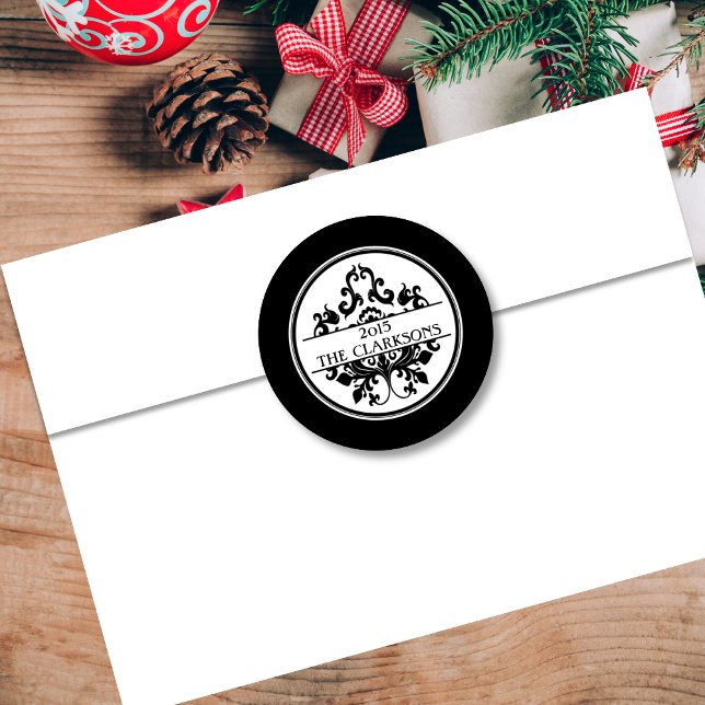 Sticker Rond Elégant noir blanc Damas ronde Enveloppe Sceau (Créateur téléchargé)