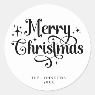 Sticker Rond Élégant noir blanc Joyeux Noël Script personnalisé