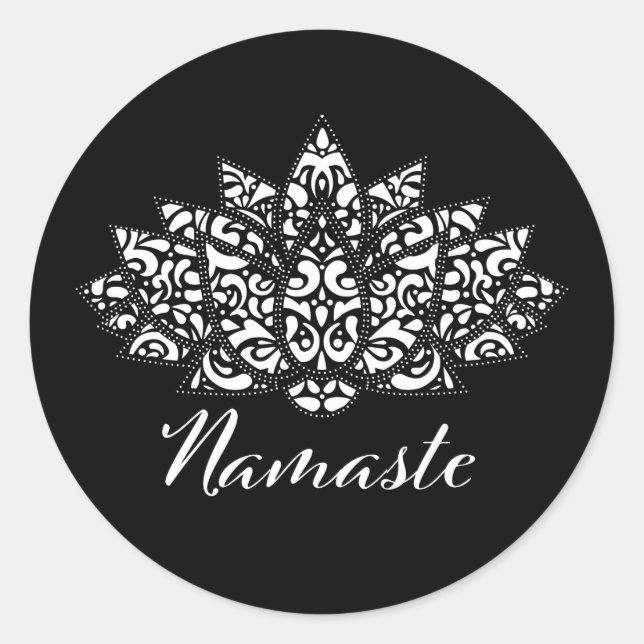 Sticker Rond Élégant noir & blanc Lotus Yoga Namaste (Devant)