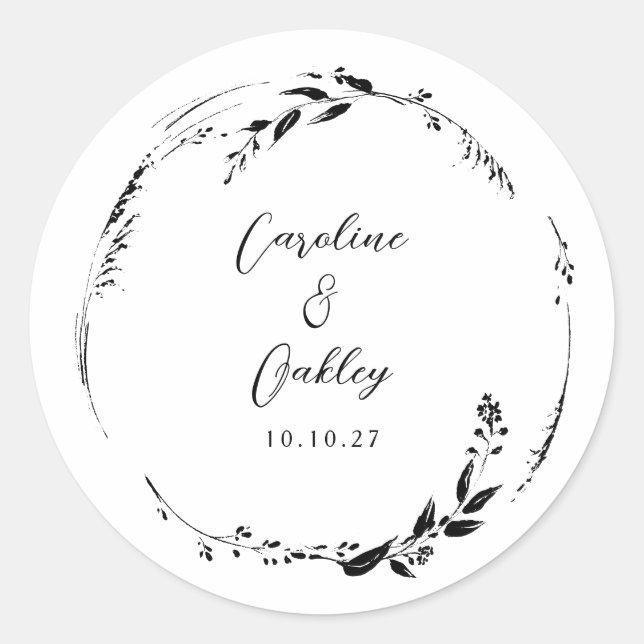 Sticker Rond Elégant noir blanc Mariage de couronne Floral sur  (Devant)