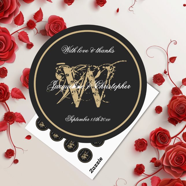 Sticker Rond Élégant Noir Blanc Or Monogramme Nom Chic Script (Elegant Black White Gold Monogram Name Chic Script Classic Round Stickers.)