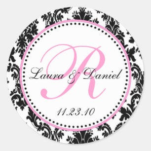 Sticker Rond Elégant noir blanc rose damas