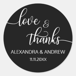 Sticker Rond Élégant noir blanc Script Mariage Amour & Merci