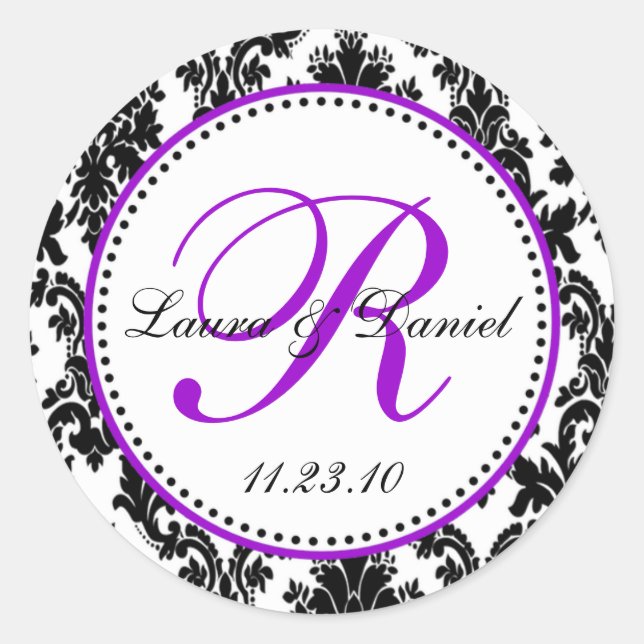 Sticker Rond Elégant noir blanc violet Mariage damassé (Devant)