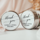 Sticker Rond Elégant Noir Calligraphie Merci Mariage Faveur<br><div class="desc">Ces élégantes calligraphies blanches et noires vous remercient les autocollants sont parfaits pour un mariage simple. Le design neutre présente un autocollant minimaliste décoré de typographie romantique et fantaisiste. Personnalisez les étiquettes autocollants avec vos noms, l'événement (le cas échéant) et la date. Ces autocollants peuvent être utilisés pour une réception...</div>