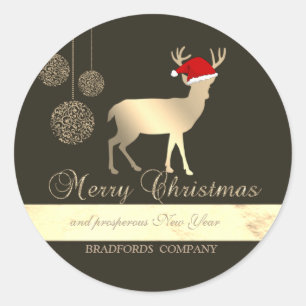 Sticker Rond Élégant Noir, Cerf de Noël, Chapeau de Père Noël,