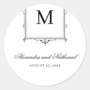 Sticker Rond Élégant noir et blanc Vintage Mariage Monogramme