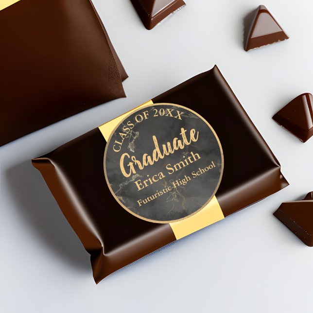 Sticker Rond Élégant Noir Et Or Graduation Favoriser (Black and Gold Graduation Favor Sticker on Chocolate Box)