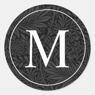 Sticker Rond Elégant noir floral blanc monogramme Enveloppe Sce