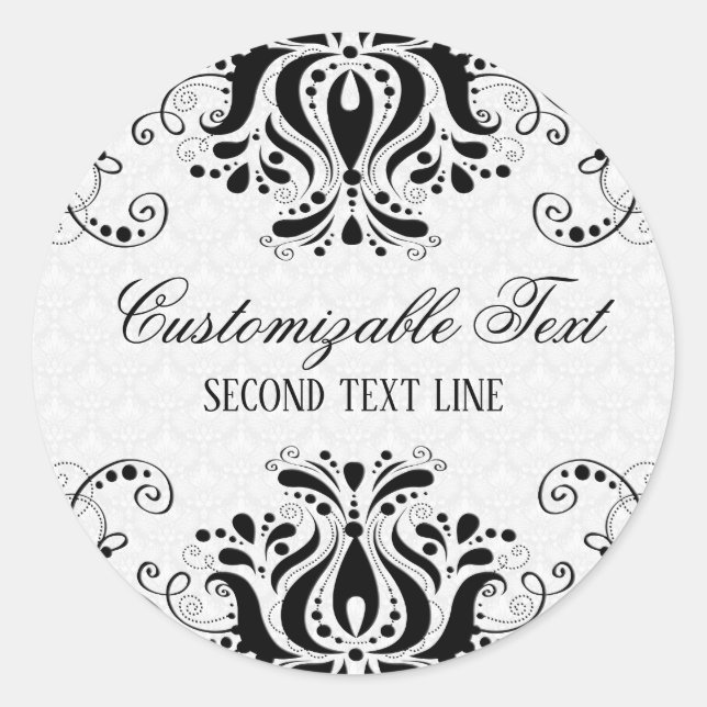 Sticker Rond Élégant noir floral dentelle & damas blancs (Devant)