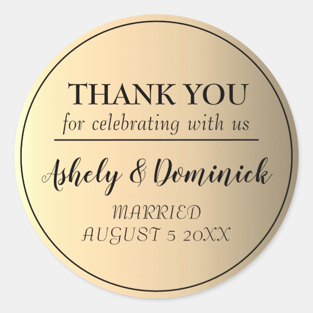 Sticker Rond Elégant Noir Script Gold Merci mariage Faveur (Devant)