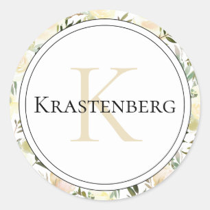 Sticker Rond Élégant nom de famille personnalisée sur Roses de 