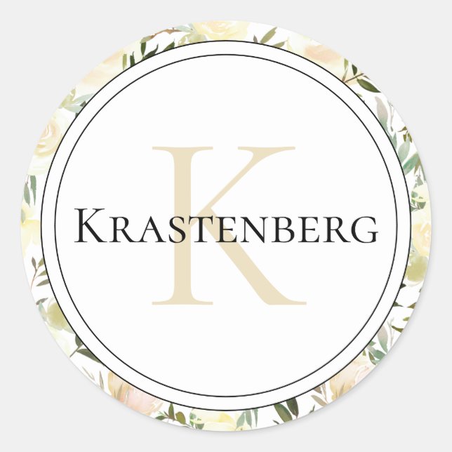 Sticker Rond Élégant nom de famille personnalisée sur Roses de  (Devant)