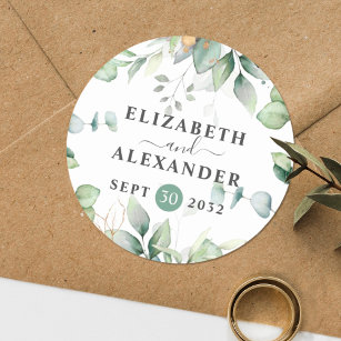 Sticker Rond Elégant nom d'eucalyptus vert et date mariage