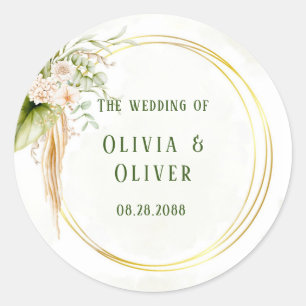 Sticker Rond Élégant Olive Green et Mariage or