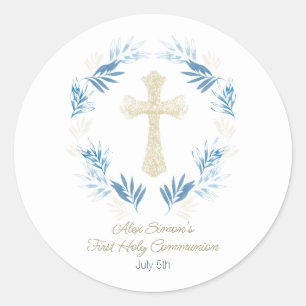 Sticker Rond Élégant Or Bleu Première Communion Sainte