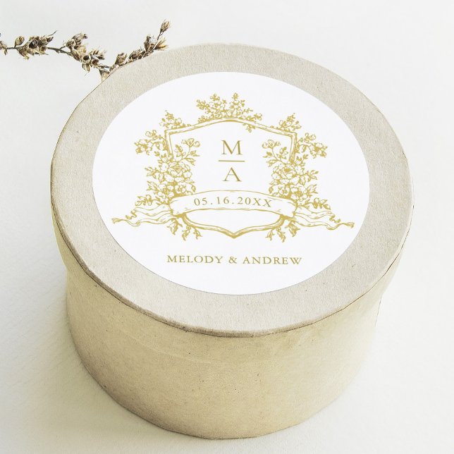 Sticker Rond Élégant or Floral Crest Monogrammes Mariage (Créateur téléchargé)