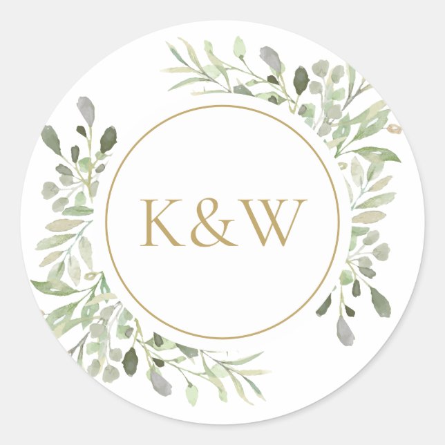 Sticker Rond Elégant or Monogramme Aquarelle Verdure Mariage (Devant)