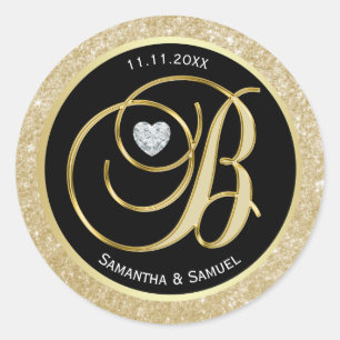 Sticker Rond Élégant or noir Monogramme Diamond Mariage de coeu