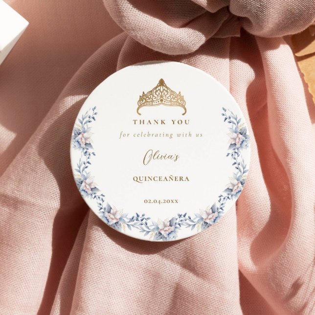 Sticker Rond Elégant or Tiara Blue Floral Quinceañera (Créateur téléchargé)