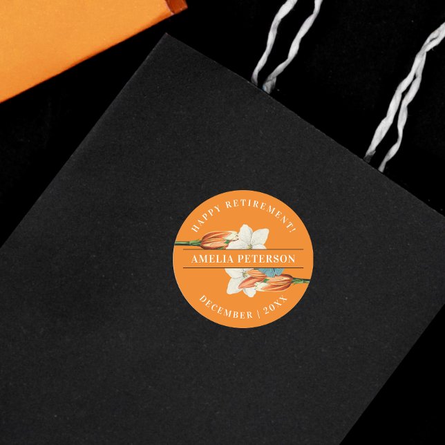 Sticker Rond Élégant Orange Blanc Lily Retro Floral (Créateur téléchargé)