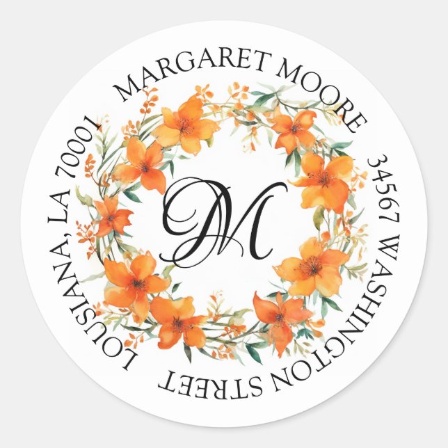 Sticker Rond Élégant Orange Floral Script Monogramme Adresse (Devant)