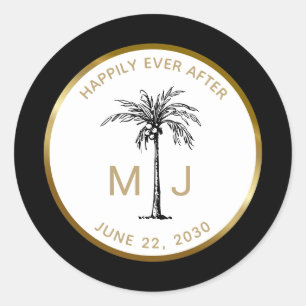 Sticker Rond Élégant palmier or Monogramme Mariage tropical