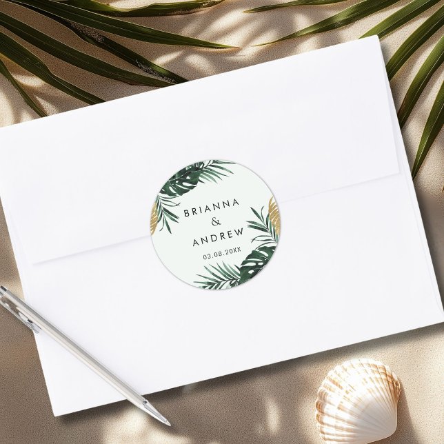 Sticker Rond Élégant, Palmier Vert, Bordure Or (Imitation) (Custom, Elegant, Green Palm, Gold (Imitation) Border Classic Round Sticker with your Name & Date.)