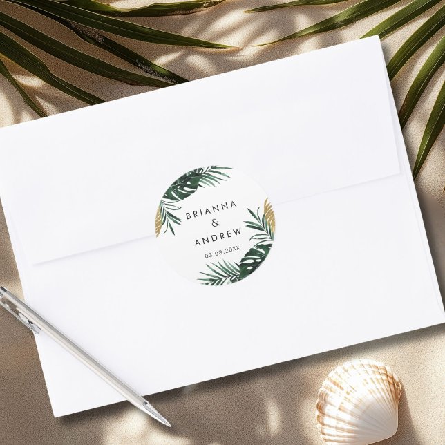Sticker Rond Élégant, Palmier Vert, Bordure Or (Imitation) (Custom, Elegant, Green Palm, Gold (Imitation) Border Classic Round Sticker with your Name & Date.)