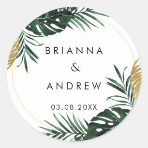 Sticker Rond Élégant, Palmier Vert, Bordure Or (Imitation)