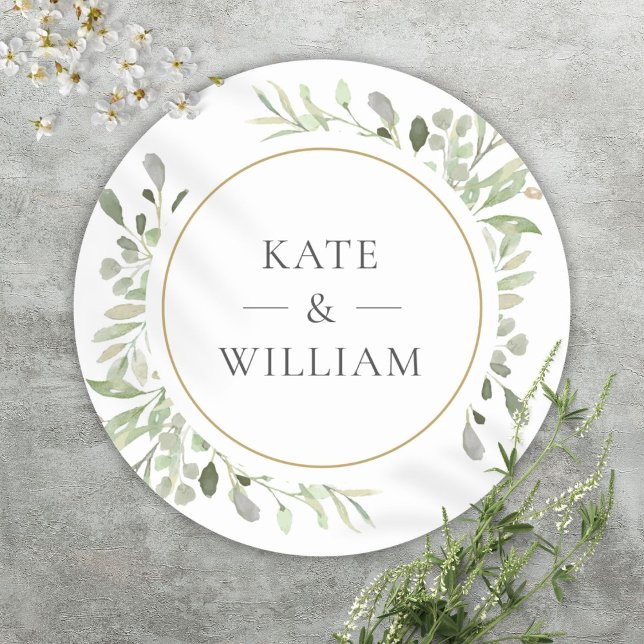 Sticker Rond Élégant papeterie aquarelle mariage or (Elegant Watercolor Greenery Wedding Gold Favor Classic Round Sticker)