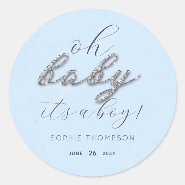 Sticker Rond Elégant Parties scintillant Bleu Baby shower Merci (Devant)