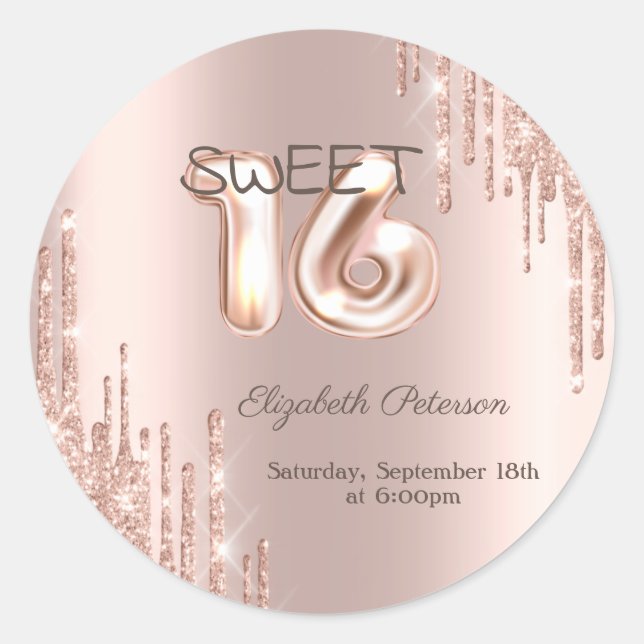 Sticker Rond Élégant Parties scintillant Rose Gold Sweet 16 (Devant)