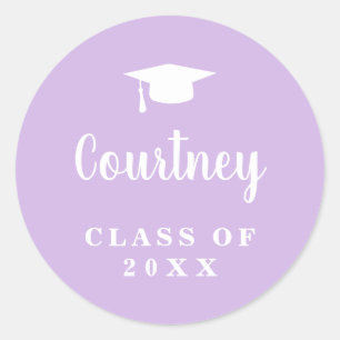 Sticker Rond Élégant Pastel Purple Nom de script Graduation Cap